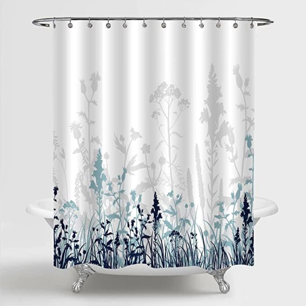 Navy Blue and Teal Floral Shower Curtain, Blue Grey Ombre Wild Flower Fabric Sho